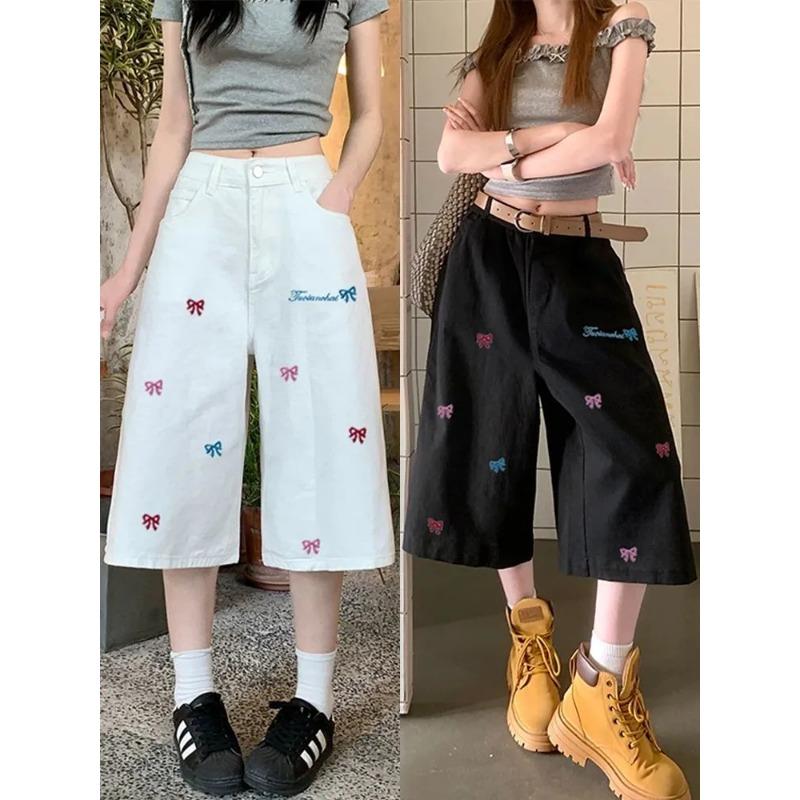 Neue Sommer Cropped Jeans Damen High Waist Vielseitig Locker Gerade Weiter Bein Shorts