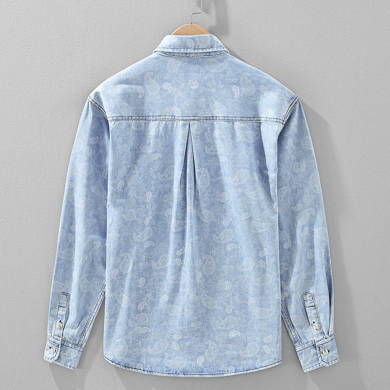 Japanese-Style Denim Print Turn-Down Collar Long-Sleeve Shirt for Men, Loose Casual Stylish Top Jacket for Spring and Autumn