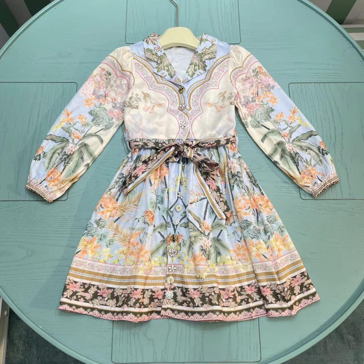 Australian-Style Elegant Print Lantern Sleeve Belted Dress Skirt 150 cm