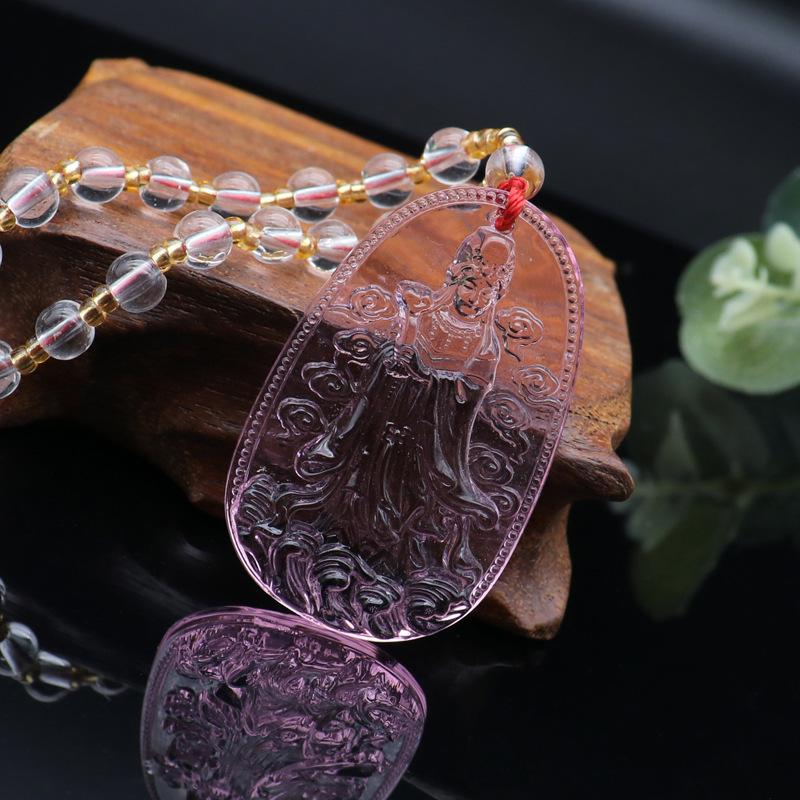 Chinese Style Pink Imitation Crystal Guanyin Buddha Necklace Versatile Sweater Chain Fashion Jewelry Mother'S Day Gift