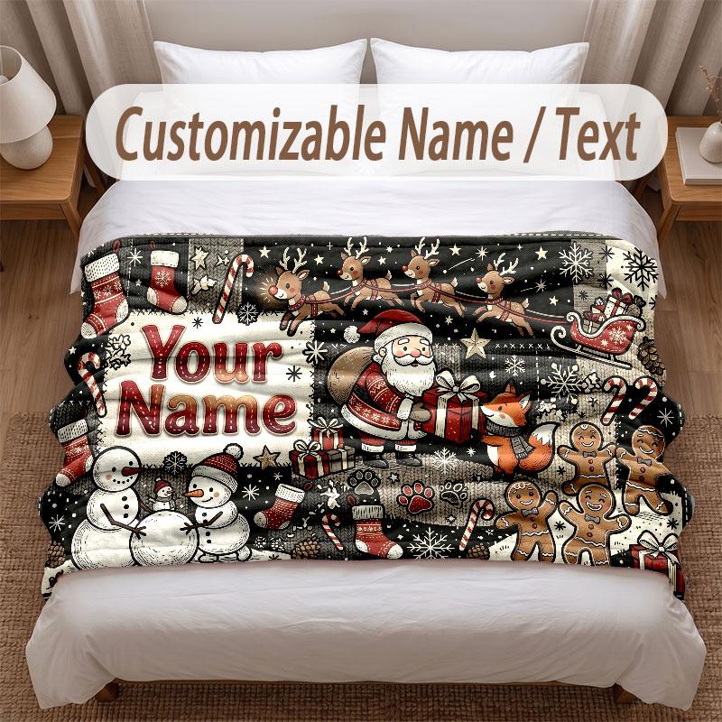 Christmas Theme Soft Blanket Personalized Custom Name Text Print Warm Blanket Home Sofa Bedroom Decor