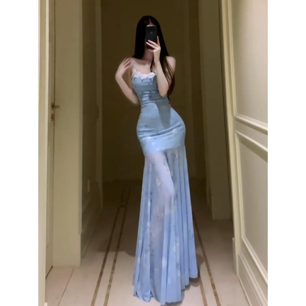 

Синее женское летнее приморское отпускное красивое платье-русалка с запахом на бедрах, кружевное сетчатое платье на бретелях XL- (recommended 110-60kg) синий