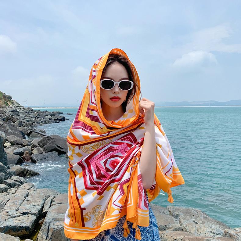 Spring and summer shawl women s bohemian silk scarf outdoor travel sunshade sunscreen shawl ethnic style scarf 175cm or above