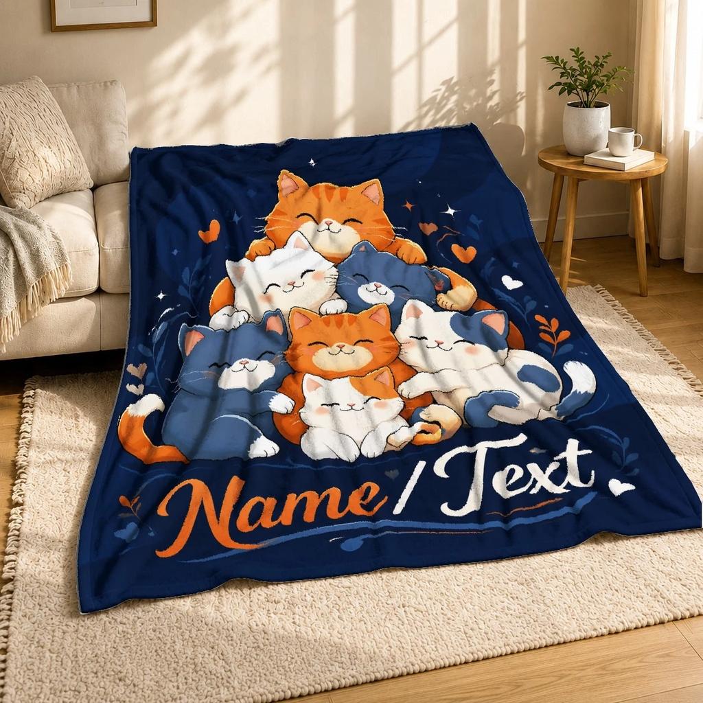 Name Text Hugging Cats Coral Fleece Blanket Personalized Pet Decor