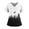 Women's Christmas Print V-Neck Short Sleeve Top with Pockets and Side Slit Work Uniform