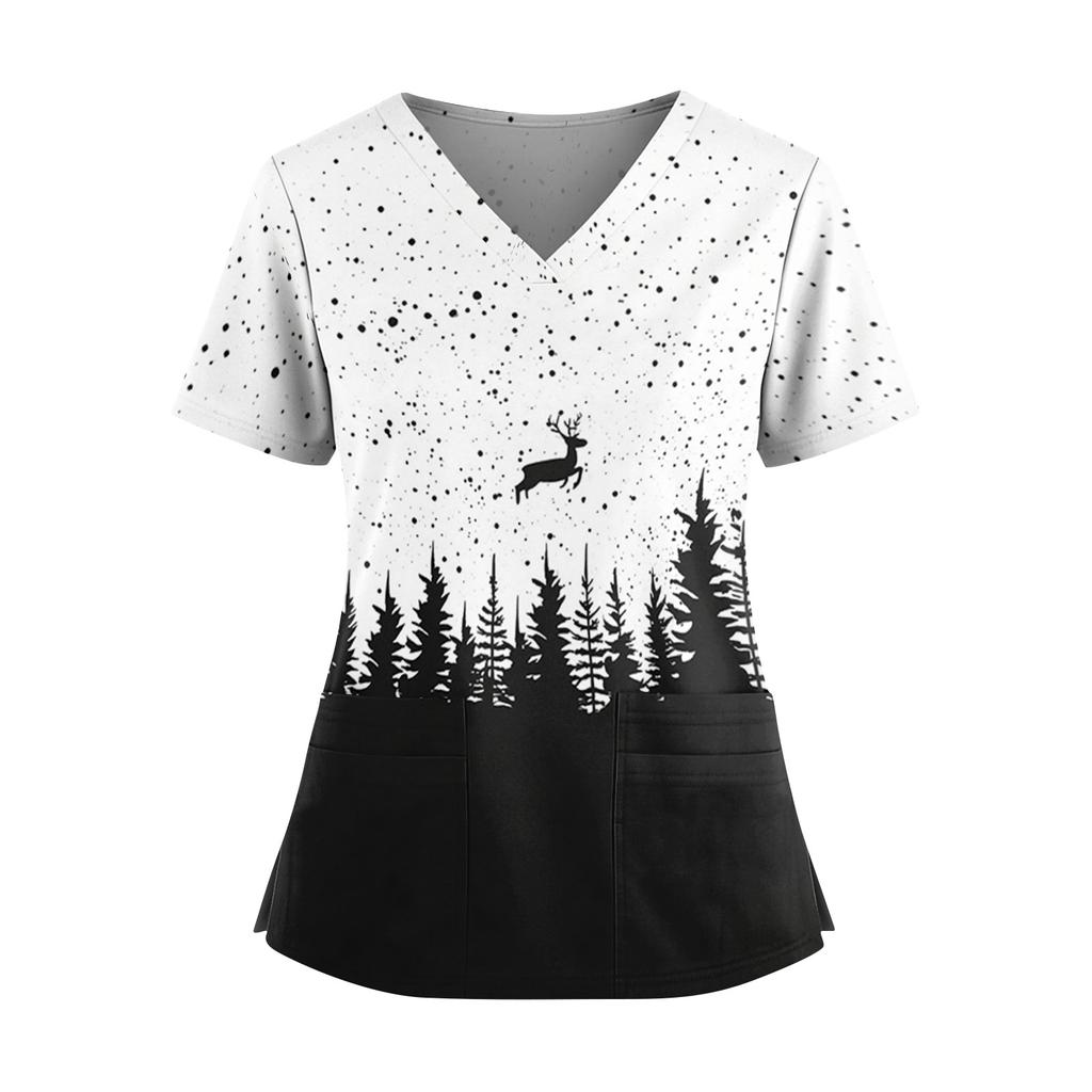 Women's Christmas Print V-Neck Short Sleeve Top with Pockets and Side Slit Work Uniform