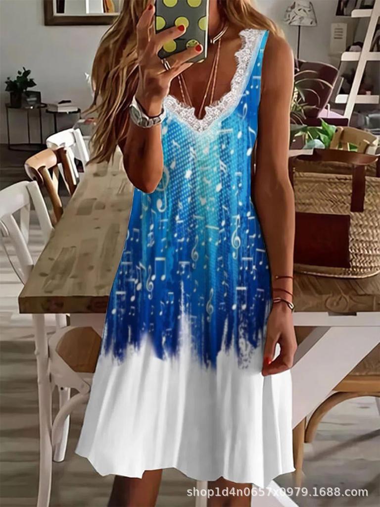New European and American hot-selling women's clothing fast-selling T strap V-neck lace fashion printed dress