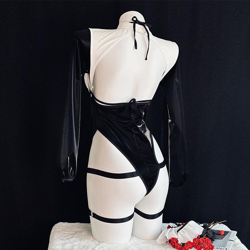 Sexy Open Bra Patent Leather Bodysuit Anime Maid Cosplay Costume Women Sexy Backless Maid Uniform Set Halloween Carnival Clothes
