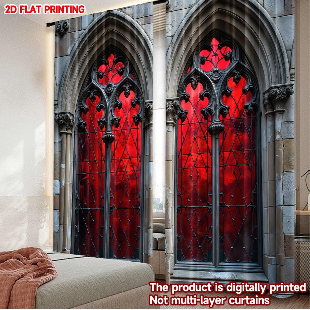 

Set Of 2 Flat Printing Happy Christmas Scene Curtains Halloween Gothic Red Windows Digital Printed Polyester Drapes Family Party Curtain W100*H70(CM)-Grommet top&1PCS