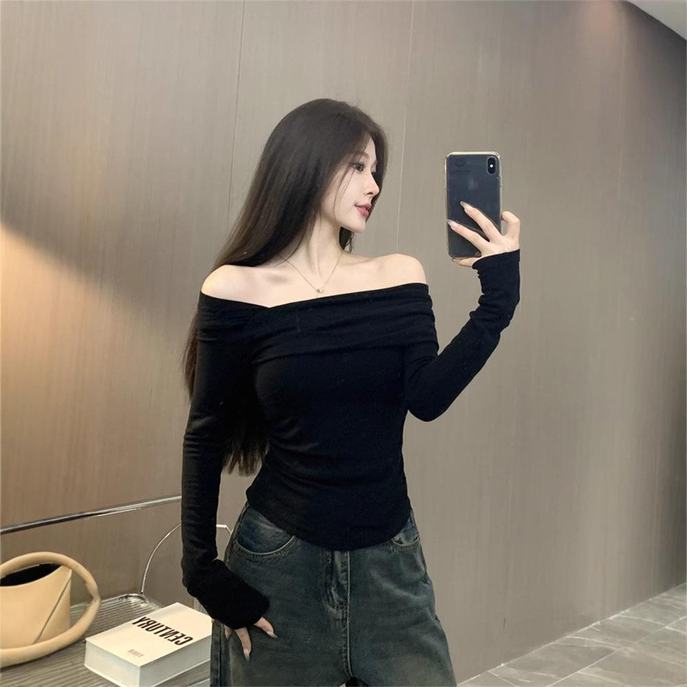 Women's Off Shoulder Asymmetrical Neck Long Sleeve Top Slim Fit Elegant Commuter Solid Color Brushed Fleece Fall Skinny Base Layer T-Shirt