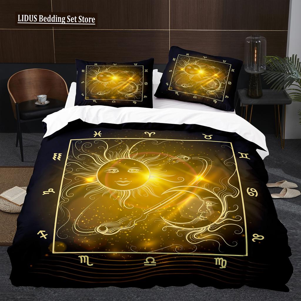 Antik Güneş Ay Nevresim Takımı King Queen Boyutu Mor Leylak Rengi Renkli Galaksi Psikedelik Boho Mandala Polyester Yatak Takımı