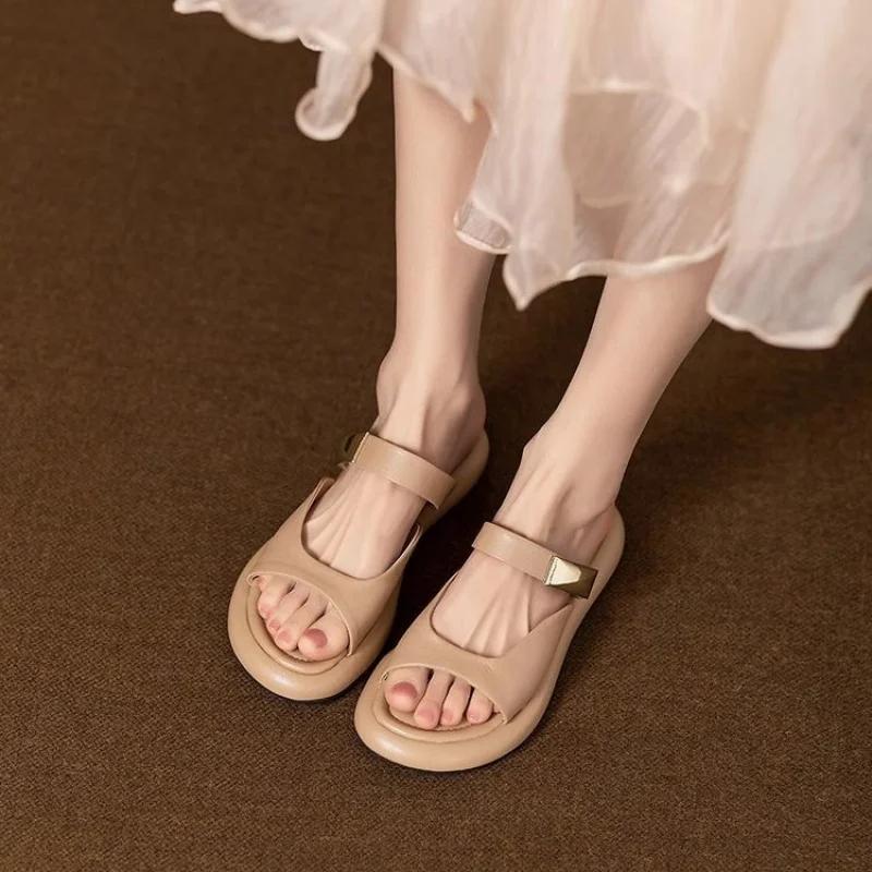 2025 New Women's Minimalist White Slide Sandals - Gold-Tone Buckle Flat Slippers with Cloud Comfort Sole