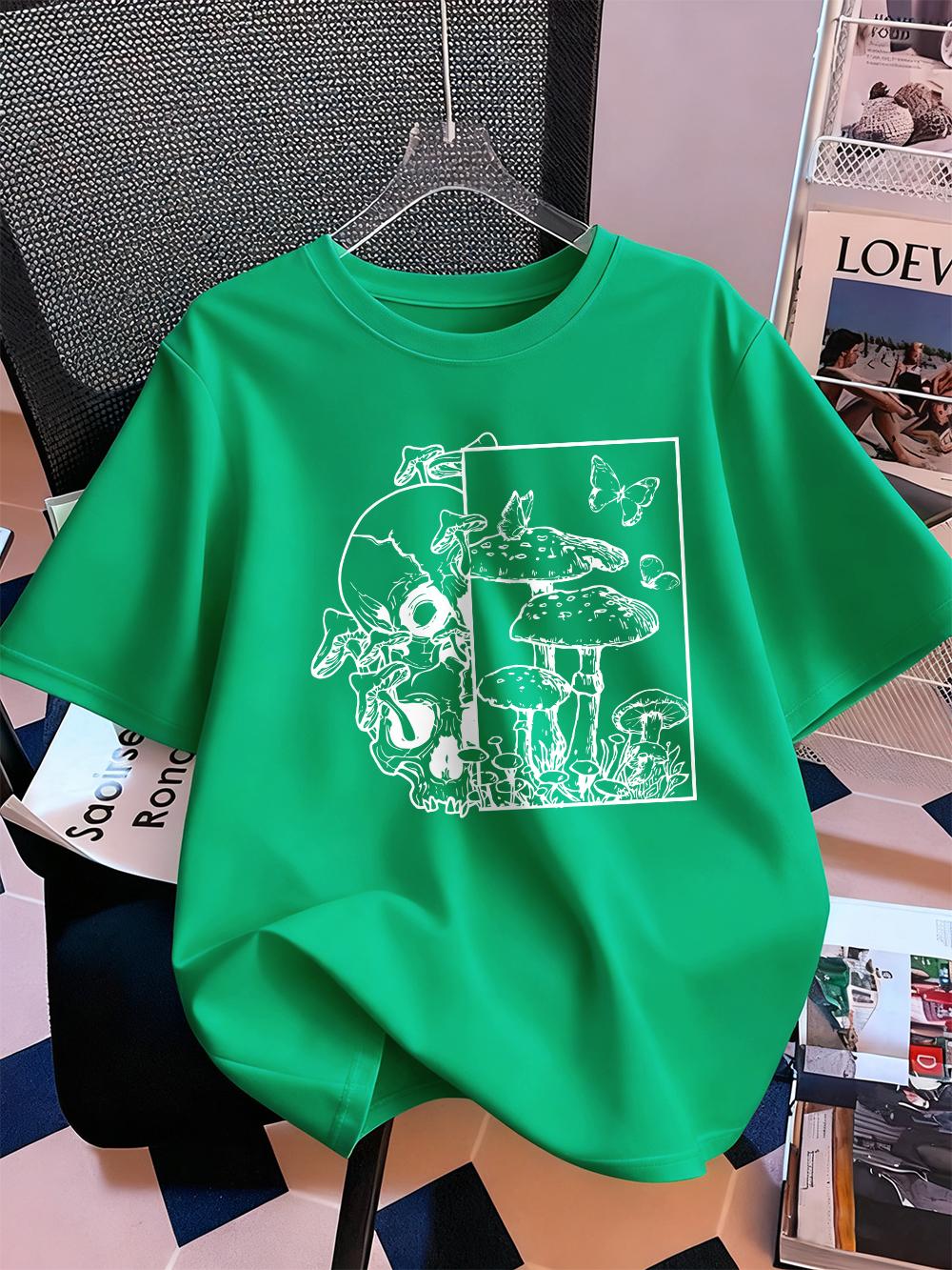 

Skeleton Mushrooms Butterfly Prints Short Sleeve TShirts Womens Summer Cotton Tee Shirts ONeck Soft Loose Tops Casual Clothes 4XL