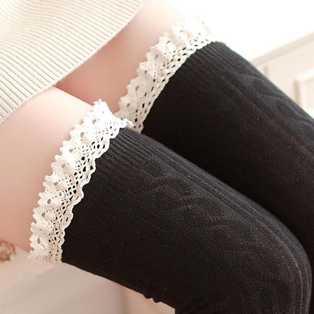 Women Lady Warm Cotton Thigh High Long Stockings Knit Over Knee Lace Socks