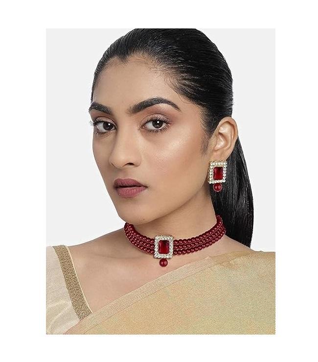 Gold Plated Traditional Stone Pearl Choker Necklace Jewellery Set For Women