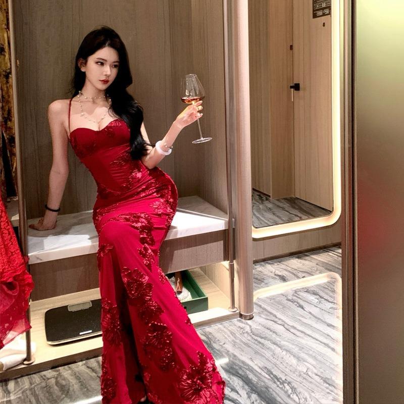 Sexy Backless Lace Embroidery Slim-fit Hip-wrapped Long Dress Temperament Fishtail Suspender Dress Birthday Party Dress Dress Dress