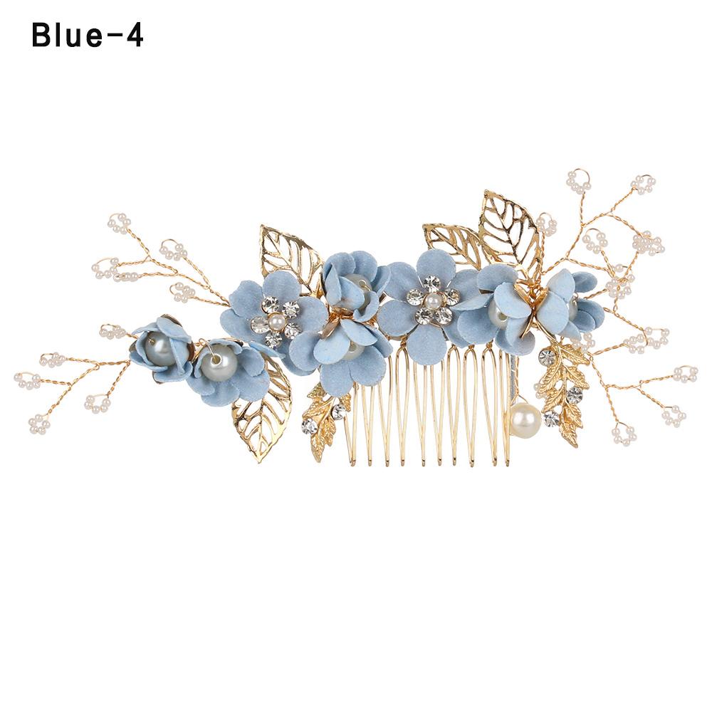 Fashion Elegant Blue Flower Women Hair Combs Headdress Prom Bridal Wedding Hair Accessories Gold Leaves Hair Jewelry Hair Pins