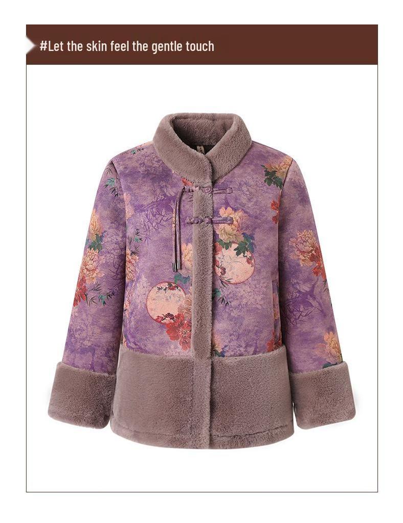 Velvet Plus Ancient Style Print Warm Jacket for Middle-Aged & Elderly Women - Winter Casual Wear