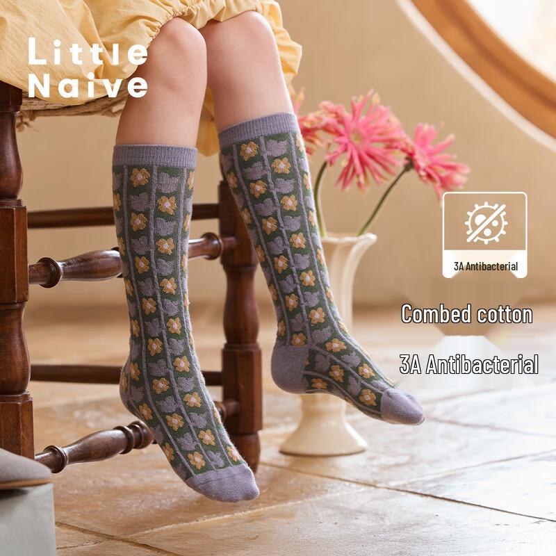 

Little Naive Girls Retro Floral Antibacterial Mid-Calf Socks Ages 10-13 (17-18cm)