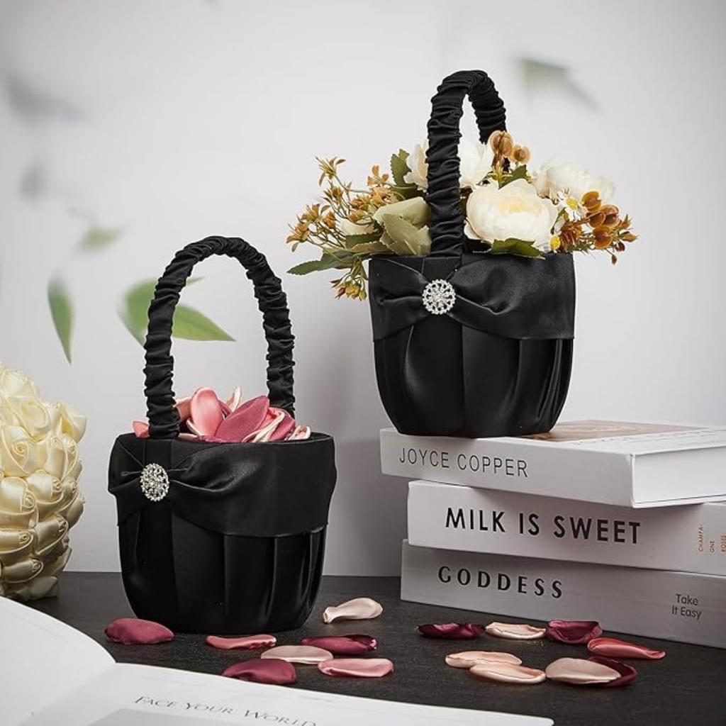 Bridal Black Basket Flower Girl Rhinestone Decor Basket Ring Bearer Basket for Wedding Party Decoration