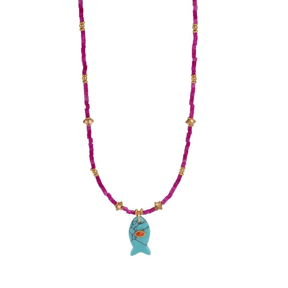 Cylinder Stone Bead Fish Pendant Necklace Colorful Choker Necklace Ocean Style Necklace  Summer