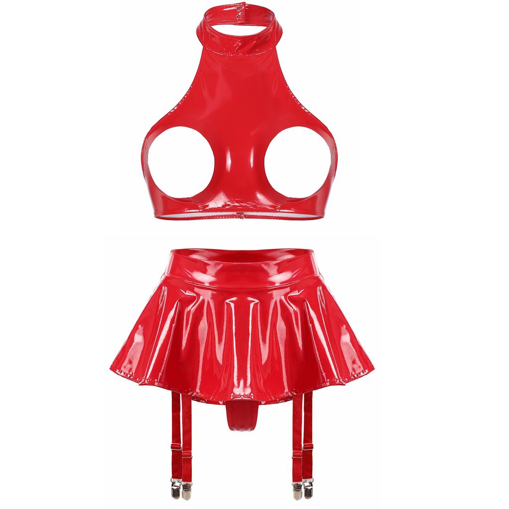 Women Shiny Leather Lingerie Set Cupless Bra Top with Ruffle Built-in Thongs Garter Mini Skirt for Party Clubwear Sexy Outfits