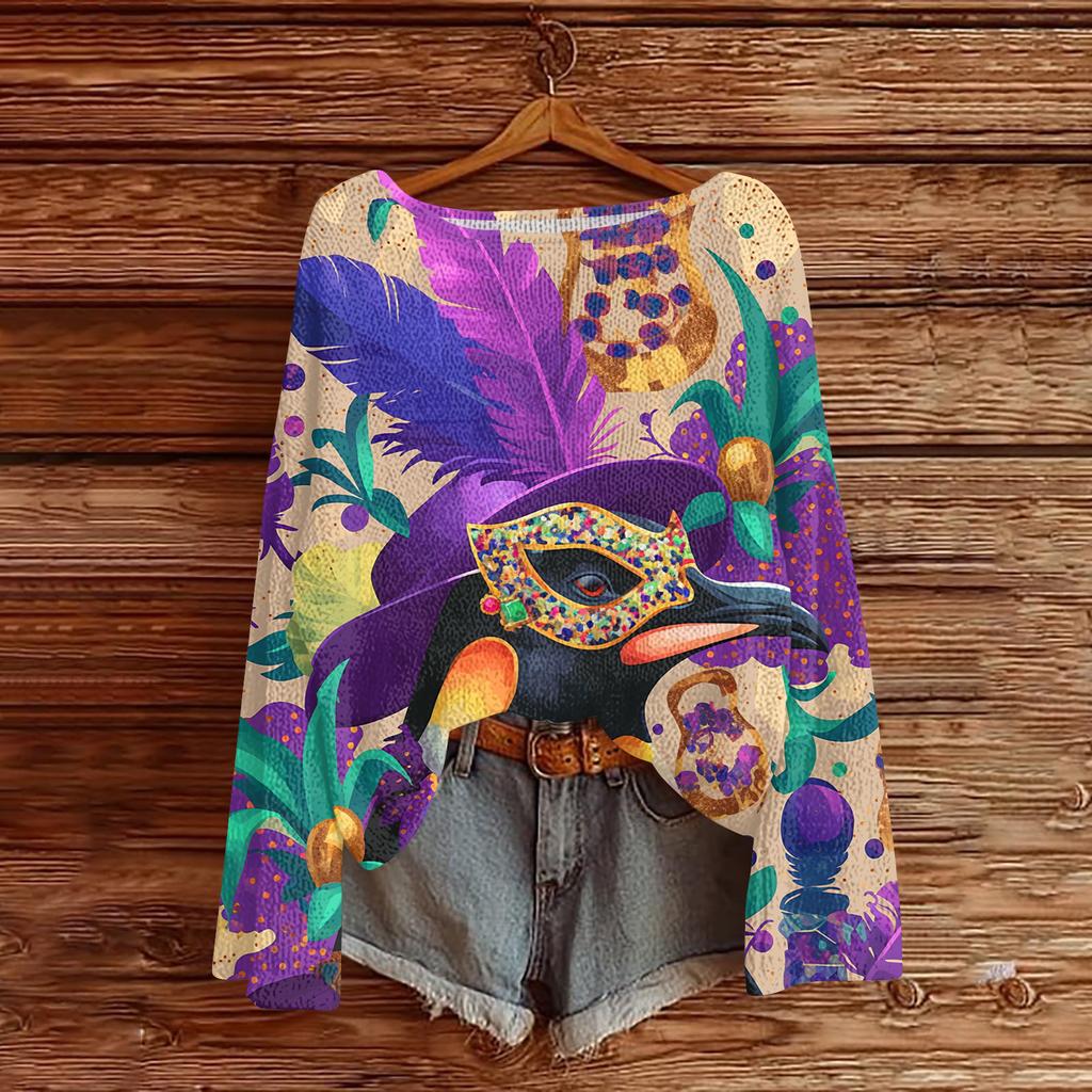 Damen Casual Mode Rundhals Oberteil Karneval Print Langarm Strickpullover