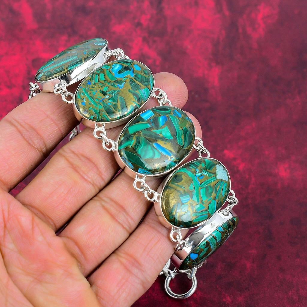 Bratara din azurit din cupru natural malachit, bijuterii cu pietre pretioase 925 argint solid, bratara cu lant ajustabila lucrata manual Bijuterii antice pentru ea