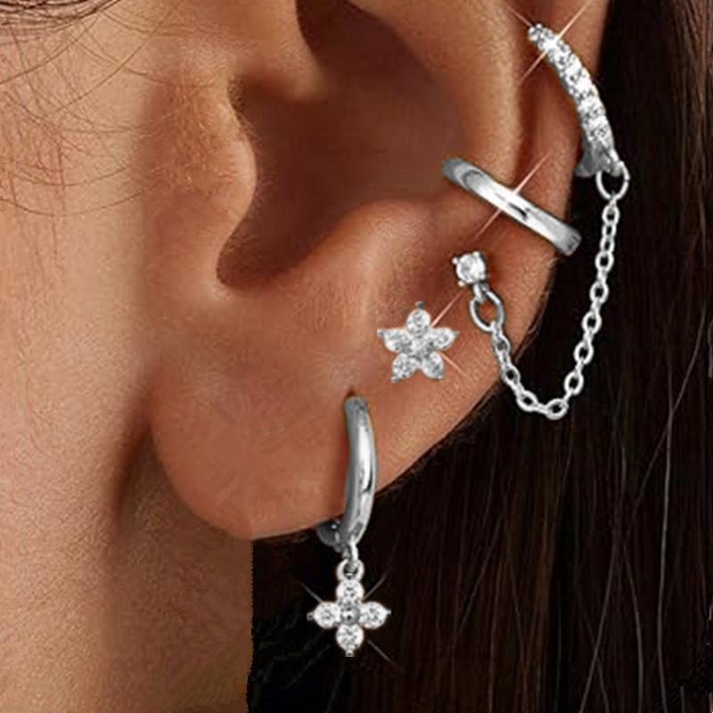 4PCS Double Piercing Chain Huggie Hoop Earring Lot For Women Tragus Stud Earrings Flower Cartilage Helix Jewelry Lobe Earing Set