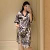 Summer National Style Ink Painting High-End Light Luxury Ice Silk Short-Sleeved Women'S Loungewear Shirt Nightdress