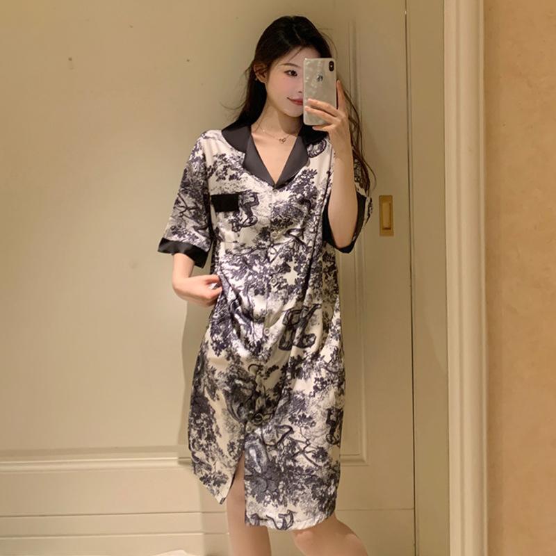 Summer National Style Ink Painting High-End Light Luxury Ice Silk Short-Sleeved Women'S Loungewear Shirt Nightdress