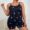 Conjunto de Pijama Feminino Plus Size com Estampa de Corações Top Cropped Sem Mangas com Decote O & Shorts de Cintura Elástica 2 Peças Roupa de Dormir Feminina