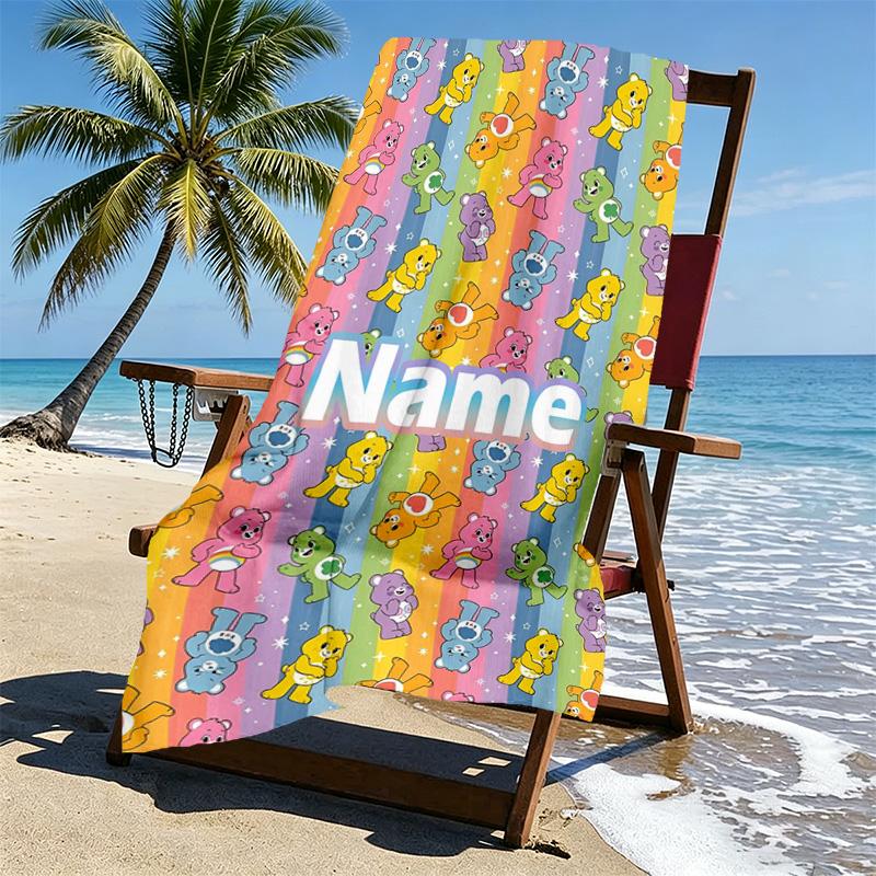 Custom Name Personalized Care Bears Print Beach Towel, for Trip Camping Beach Party Home Decor, Birthday Gift for Family & Friends