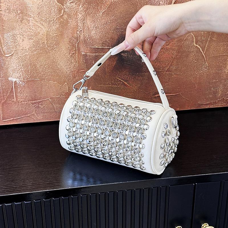 Summer niche cylinder portable women's bag 2025 new fashion rivet diamond pillow bag chain shoulder messenger bag