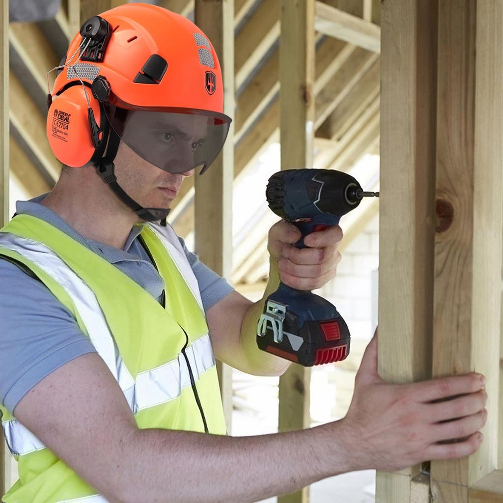 GREEN DEVIL Safety Helmet Occupational Helmet with Clear Visor and Ear Plugs Adjustable ABS Safety Helmet Construction Helmet EN 397 Industrial Helmet