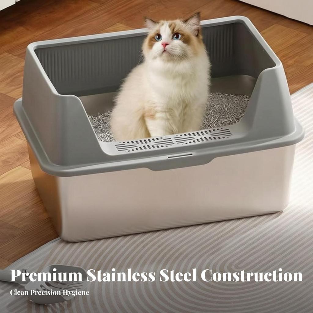 Low-Entry Stainless Steel Litter Box Easy To Clean Cat with Scoop