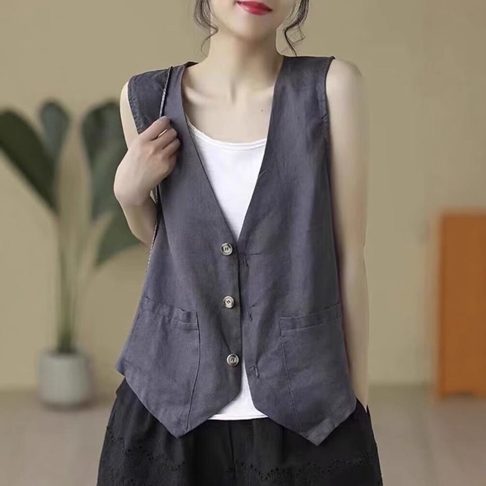 Damen Leinenweste Sommer Lässig Ärmellos Cardigan Jacke Locker Dünn Lässig Knopfweste Damen Streetwear Weste Mantel