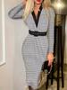 women's Plaid Print V Neck Long Sleeve Bodycon Midi Dress Slim Fitted Pencil Dress With Matching Belt