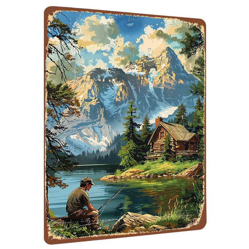 

Mountain Lake Fishing Cabin Landscape Metal Tin Sign Home Decor Wall Art Painting 20x30cm（7.8x11.8inch）