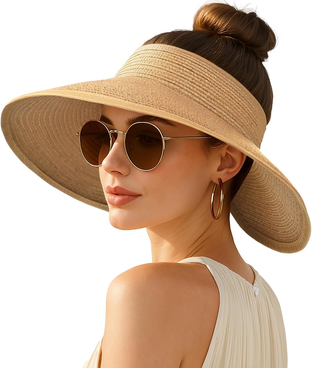 Zealous Sole Women's Wide Brim Straw Sun Visor Hat, Foldable Ponytail Beach Hat, Uv Protection Cm