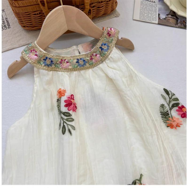 Summer Arrival Neck Embroidered Dress Floral Embroidered Mesh Layered Sleeveless Dress Girls Cute