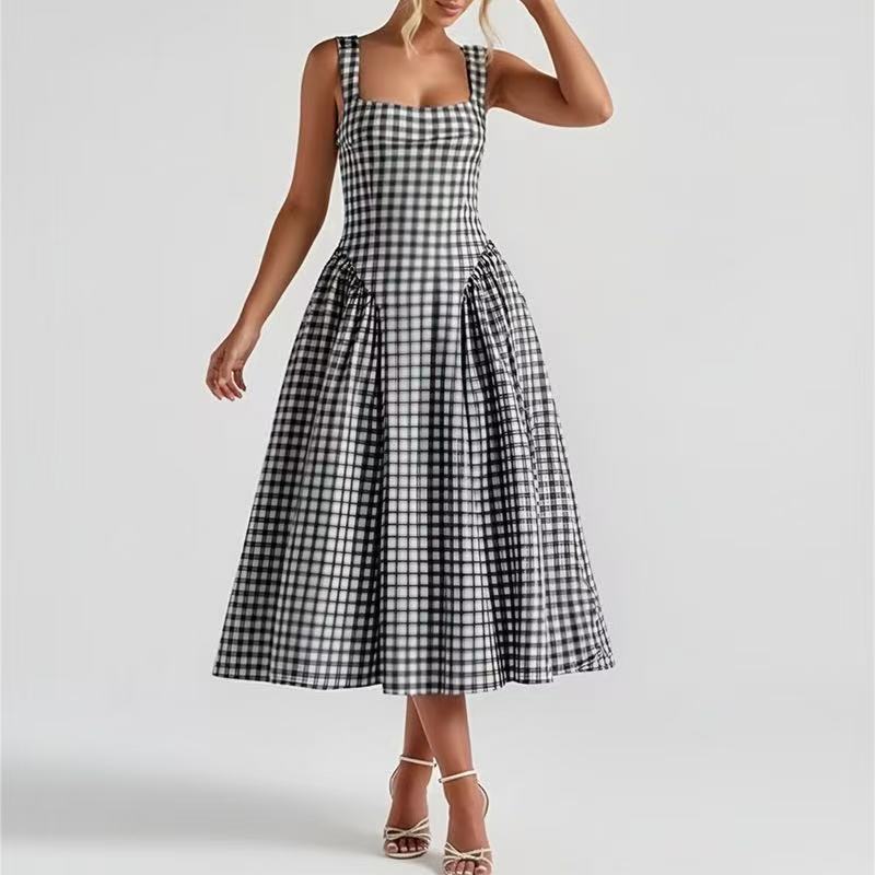 2026 New European and American Style Polka Dot Suspender Dress High Waist Big Pendulum Hepburn Style Retro Long Dress Women's Cross-border Fashion