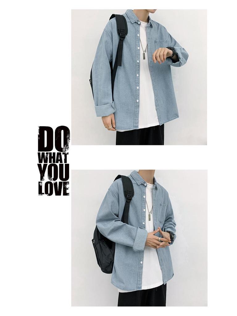 Pánská džínová košile Yemi Fashion Harajuku pro volný čas – dlouhý rukáv, volný střih, bunda v podzimním stylu