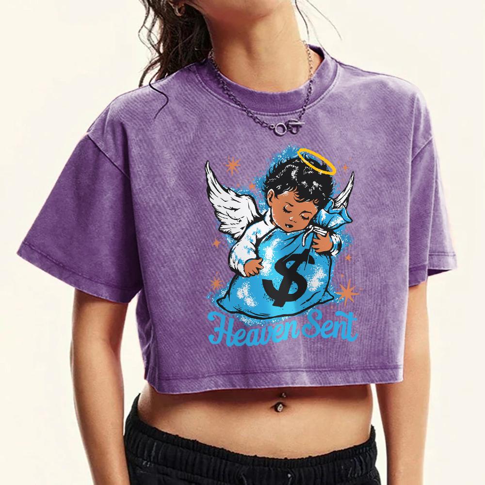 The Angel Boy Who Sent Money Printed Women Washed T-Shirts Crop Top Street Tee Shirts Fashion Cotton T Shirt