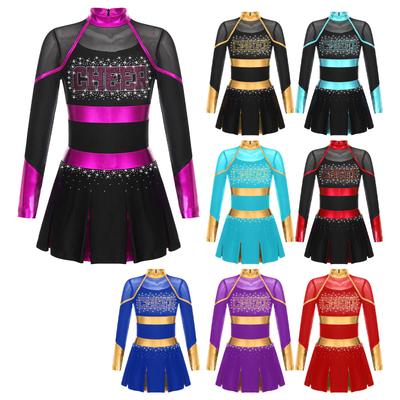 2024 Cheerleading Competition Dress for Girls: Glitter Rhinestones, Letter Pattern & Metallic Patchwork On Long Sleeve Pleated Dance Costume