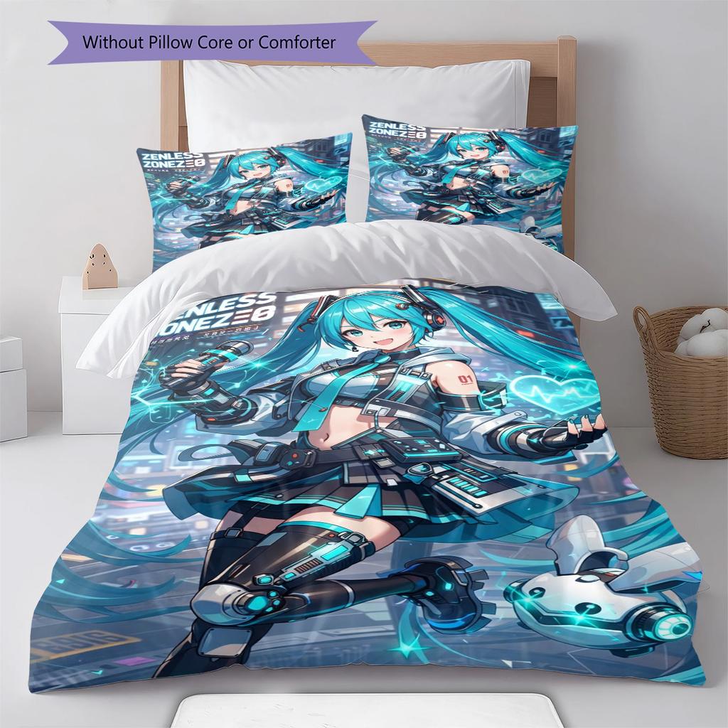 Anime Miku Pattern Bedding Set Quilt Cover Pillowcase Home Decor Gift (1 * duvet cover + 2 * pillowcase, without core)