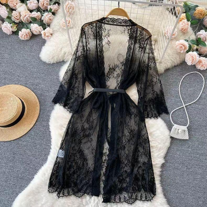 Spicy Girl Lace Deep V-Neck Mesh Nightgown with Shawl - Sexy Spring/Summer Pajamas