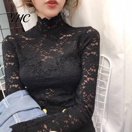 Blouse Half High Collar Long Sleeves See-Through Autumn Top Slim Lace Crochet Patchwork Hollow Tee Streetwear