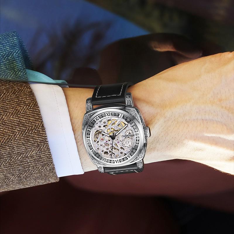 Automatic Mechanical Mens Watch With Dual-Side Hollow Carved Dial Stainless Steel Case Mineral Glass 42mm