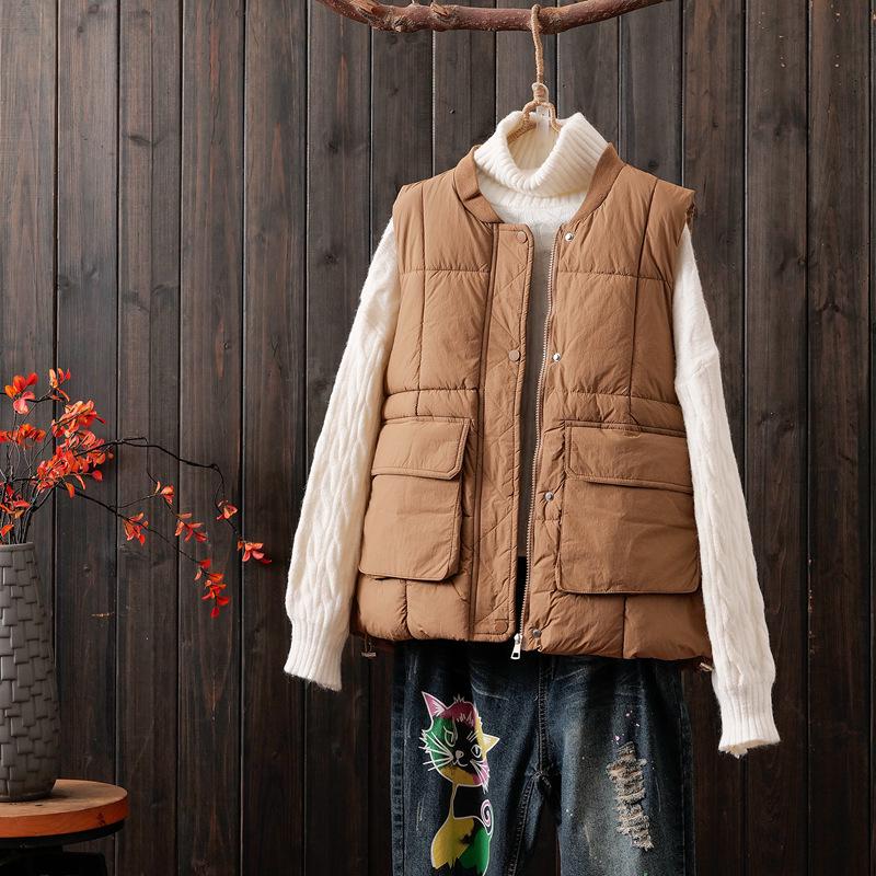 

Women s Korean Style Down Cotton Vest - Autumn/Winter Fashion, Sleeveless, Loose Fit, Short Outerwear XXL хаки